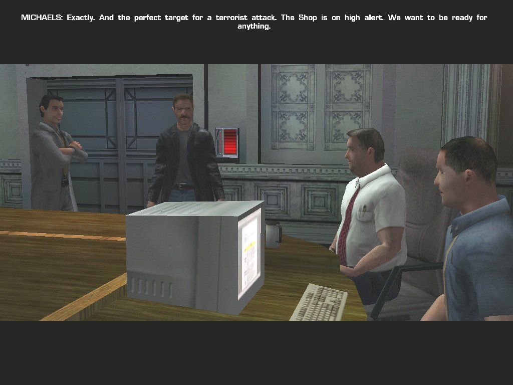 Soldier of Fortune II: Double Helix (Windows) screenshot: Mullins chats with the leaders of The Shop, including Aaron Wilson (voice of Mark Hamill) on the left, and Anthony Michaels (voice of Skeletor!) on the far right