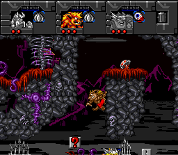 Norse by Norse West: The Return of the Lost Vikings (SNES) screenshot: Fang can also grab himself to walls.