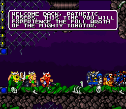 Norse by Norse West: The Return of the Lost Vikings (SNES) screenshot: Our heroes have been caught again by the evil Tomator.