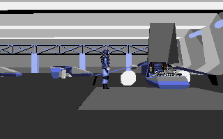 Killing Cloud (DOS) screenshot: Entering the vehicle in the hangar.