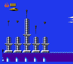 Captain Planet and the Planeteers (NES) screenshot: The Planeteer jet avoids an attacking oil rig
