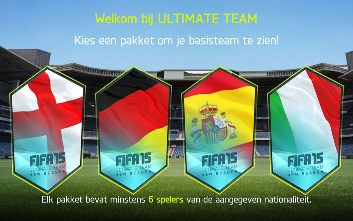 FIFA 15: Ultimate Team (Android) screenshot: This is the new season of the game. Choose a pack for any of the four competitions to receive a starting team (Dutch version).