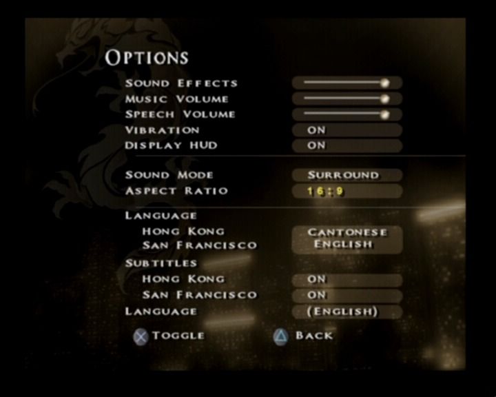 Jet Li: Rise to Honor (PlayStation 2) screenshot: Options