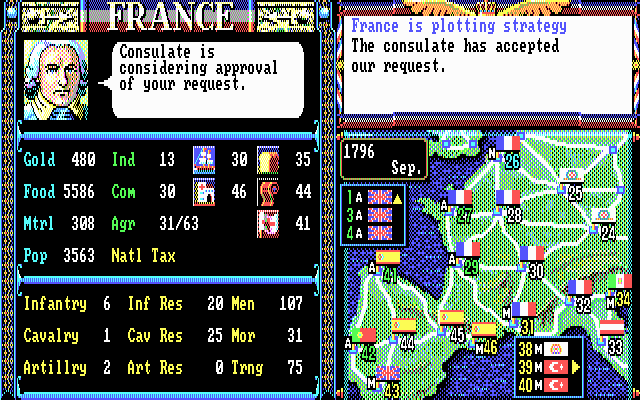 L'Empereur (DOS) screenshot: Dealing with the government.