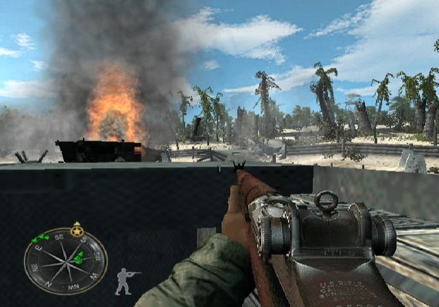 Call of Duty: World at War - Final Fronts (PlayStation 2) screenshot: Not everyone is as lucky... that's a direct hit on the allied troop transport