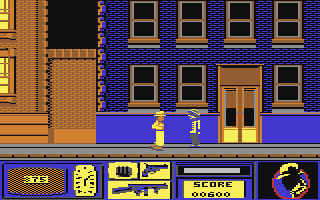 Dick Tracy (Commodore 64) screenshot: Oh there's another generic bad guy. Guess I'll kill him with my mighty fists of death. or something.