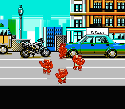 Nekketsu Street Basket: Ganbare Dunk Heroes (NES) screenshot: Dancing on cars background