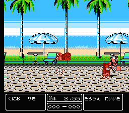 Nekketsu Street Basket: Ganbare Dunk Heroes (NES) screenshot: Don't sleep on the bench!