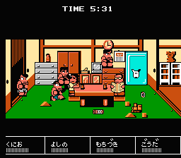 Downtown Nekketsu Kōshinkyoku: Soreyuke Daiundōkai (NES) screenshot: The secretary doesn't seem to like the intrusion