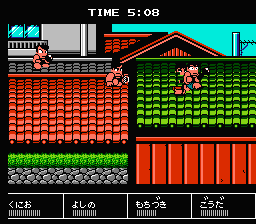 Downtown Nekketsu Kōshinkyoku: Soreyuke Daiundōkai (NES) screenshot: Good old-fashioned roof-hopping never hurts