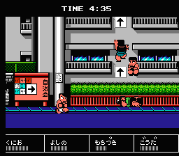 Downtown Nekketsu Kōshinkyoku: Soreyuke Daiundōkai (NES) screenshot: Now, this is pure... vandalism, sir! If I dare say so, sir!