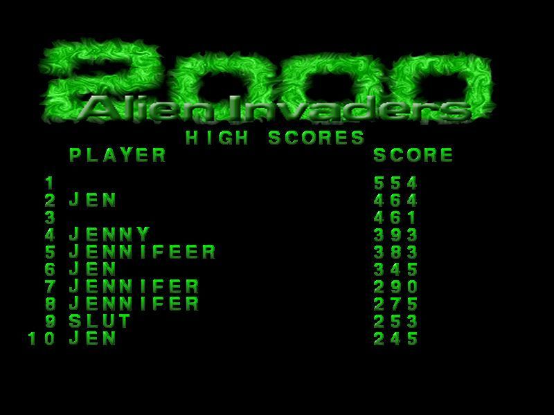 Alien Invaders 2000 (Windows) screenshot: The high score table comes pre-populated with scores that are easy to beat