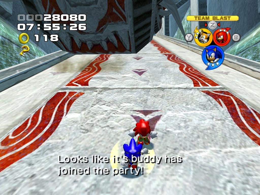 Sonic Heroes (Windows) screenshot: Sonic and crew being chased by rolling rocks in Ocean Palace!