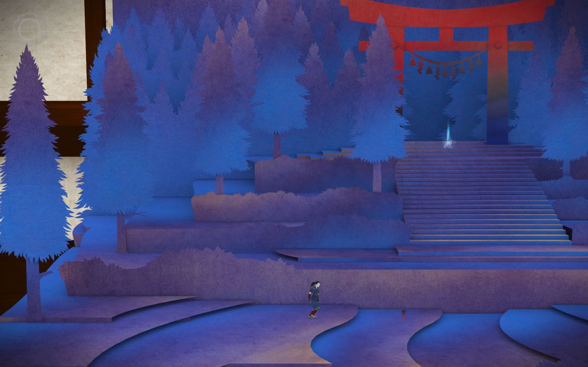 Tengami (Windows) screenshot: Finding a way to the temple.