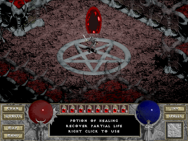 Diablo (Windows) screenshot: Opened red portal will lead you to Archbishop Lazarus' chambers. After that, pentagon below you will open its gate to hell where you'll meet Diablo.