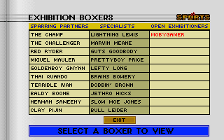 ABC Wide World of Sports Boxing (DOS) screenshot: Exhibition Boxer info screen