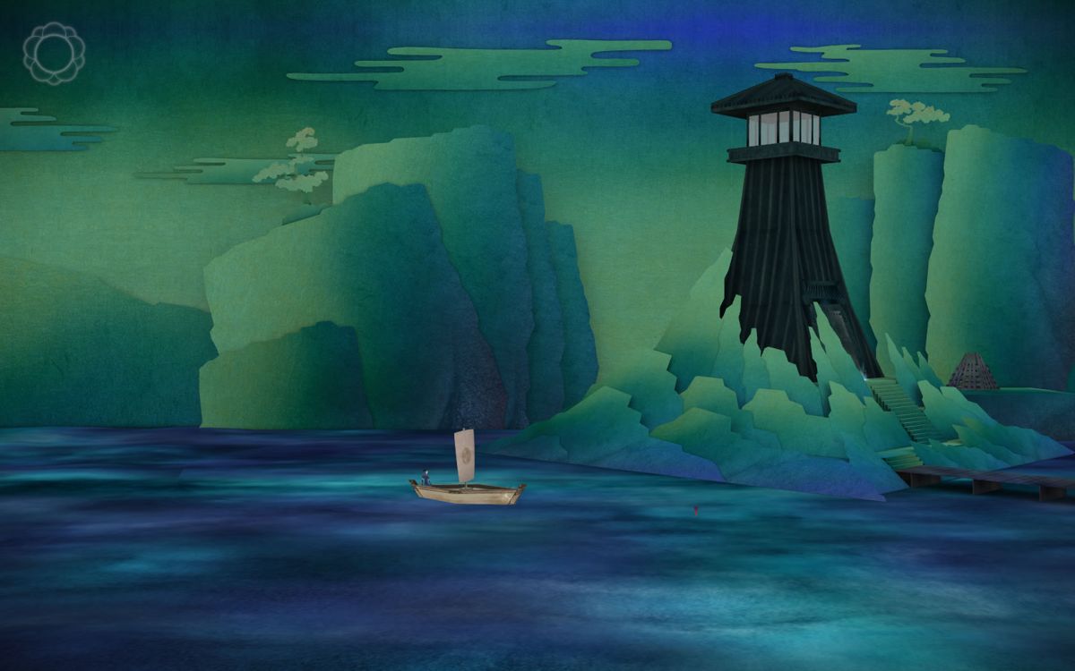 Tengami (Windows) screenshot: You encounter a lighthouse while sailing.