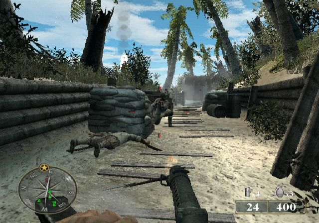 Call of Duty: World at War - Final Fronts (PlayStation 2) screenshot: Picked up enemy machine gun to test its usefulness