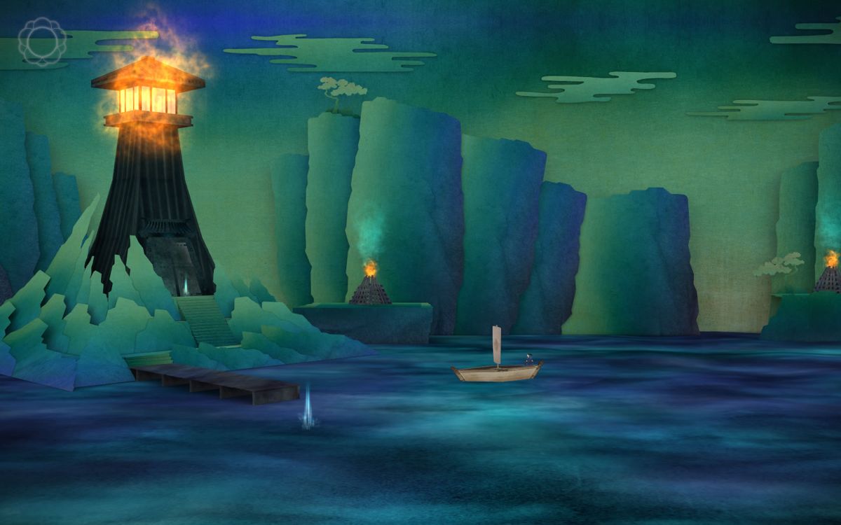 Tengami (Windows) screenshot: The protagonist managed to get the lighthouse working again.