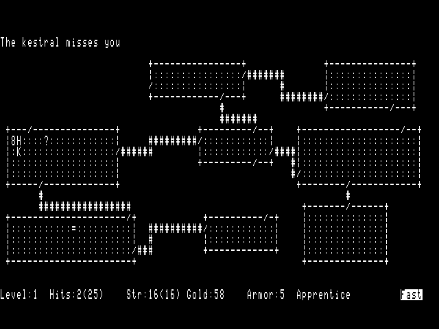 Rogue (TRS-80 CoCo) screenshot: Game play in 80 columns - hardware text mode. If you had 128K, this is the only way to play 80 columns...