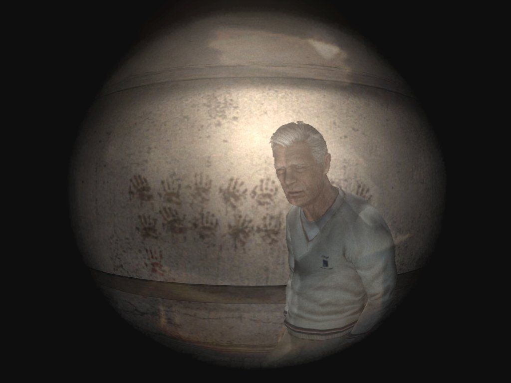 Silent Hill 4: The Room (Windows) screenshot: It's nice to know that my neighbors are so worried about me as to try and spy on me every 5 minutes --but you can't watch the INSIDE of an apartment through the peephole, you MORON!!