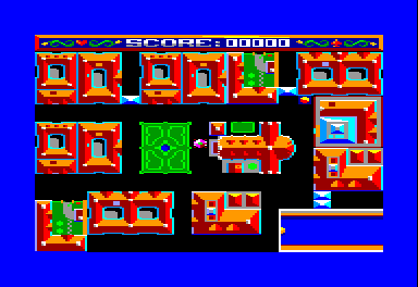 Atomic Driver (Amstrad CPC) screenshot: Exploring the town during introduction...