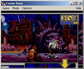 Comix Zone (Windows) screenshot: Turner has to decide if he continues to the right frame or the lower frame.