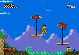 The Flintstones (Genesis) screenshot: The birds will conveniently transport you to the next area