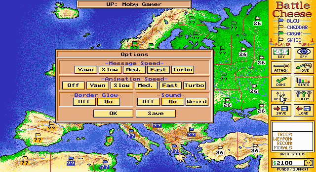 Battle Cheese (DOS) screenshot: Game options