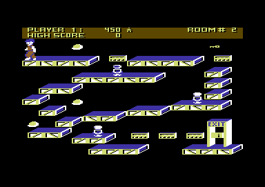 Ollie's Follies (Commodore 64) screenshot: Level 2 adds moving platforms - those yellow beams, they're off right now