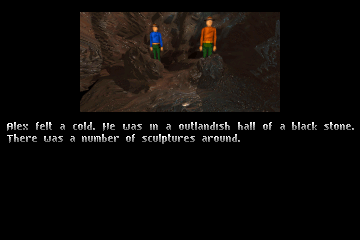 Quadrax (DOS) screenshot: The two brothers inside a cave.