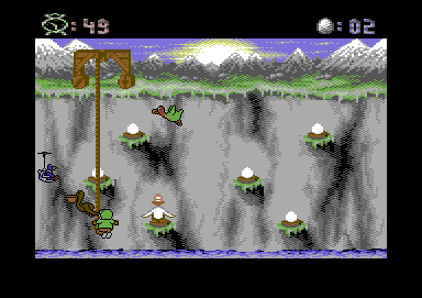 Eskimo Games (Commodore 64) screenshot: Hit something, down I go