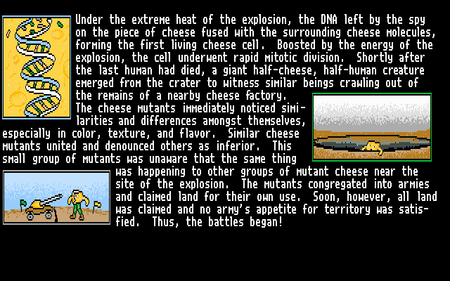 Battle Cheese (DOS) screenshot: Intro -- and the rise of the cheese-mutants!