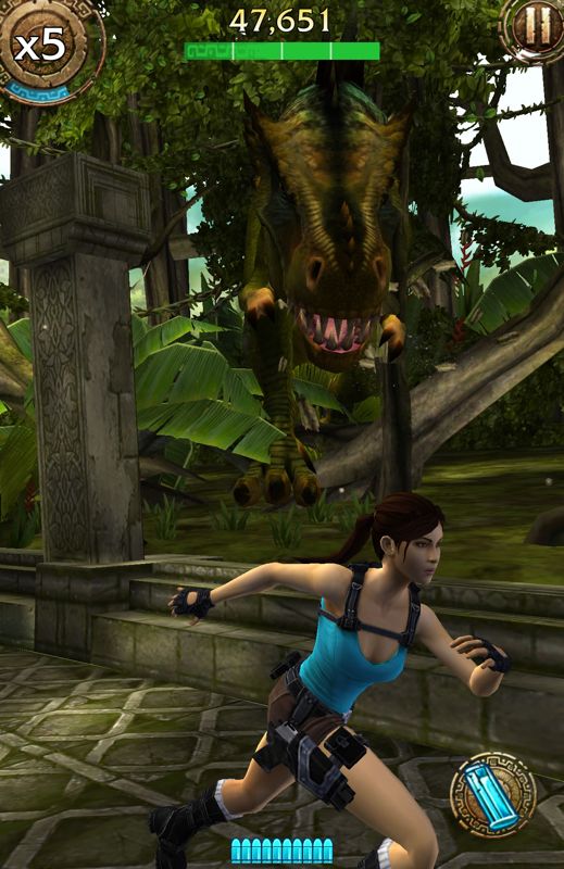 Lara Croft: Relic Run (Android) screenshot: Chased by a T-Rex.
