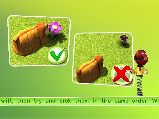 The Magic Roundabout (Windows) screenshot: Ermintrude's Flowers: Each mini game is explained clearly. There's an audio description, the words are repeated across the bottom of the screen, and then there's the pictures