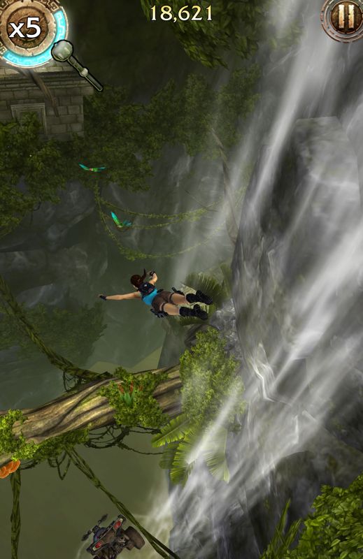 Lara Croft: Relic Run (Android) screenshot: There goes the ATV ... diving down the waterfall.