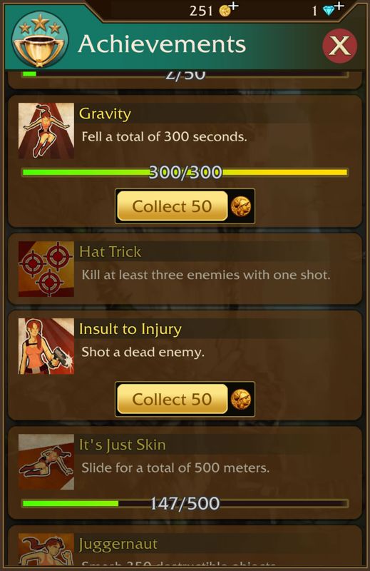Lara Croft: Relic Run (Android) screenshot: Achievements progress with coin bonuses