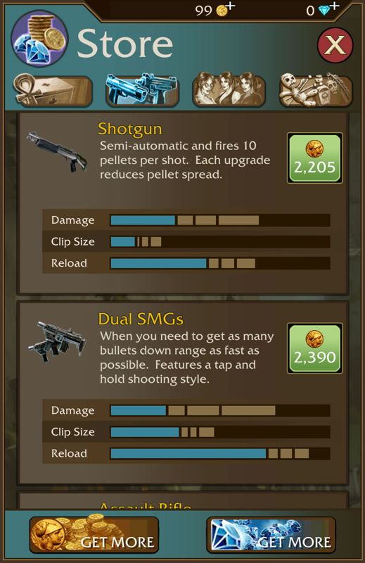 Lara Croft: Relic Run (Android) screenshot: Weapons and upgrades in the store