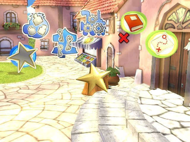 The Magic Roundabout (Windows) screenshot: Dougal has searched the flower pot and has found a star. Six or so stars unlocks a postcard, these are viewed from the main menu