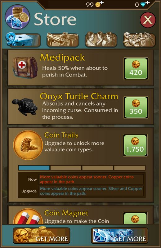 Lara Croft: Relic Run (Android) screenshot: Items in the store