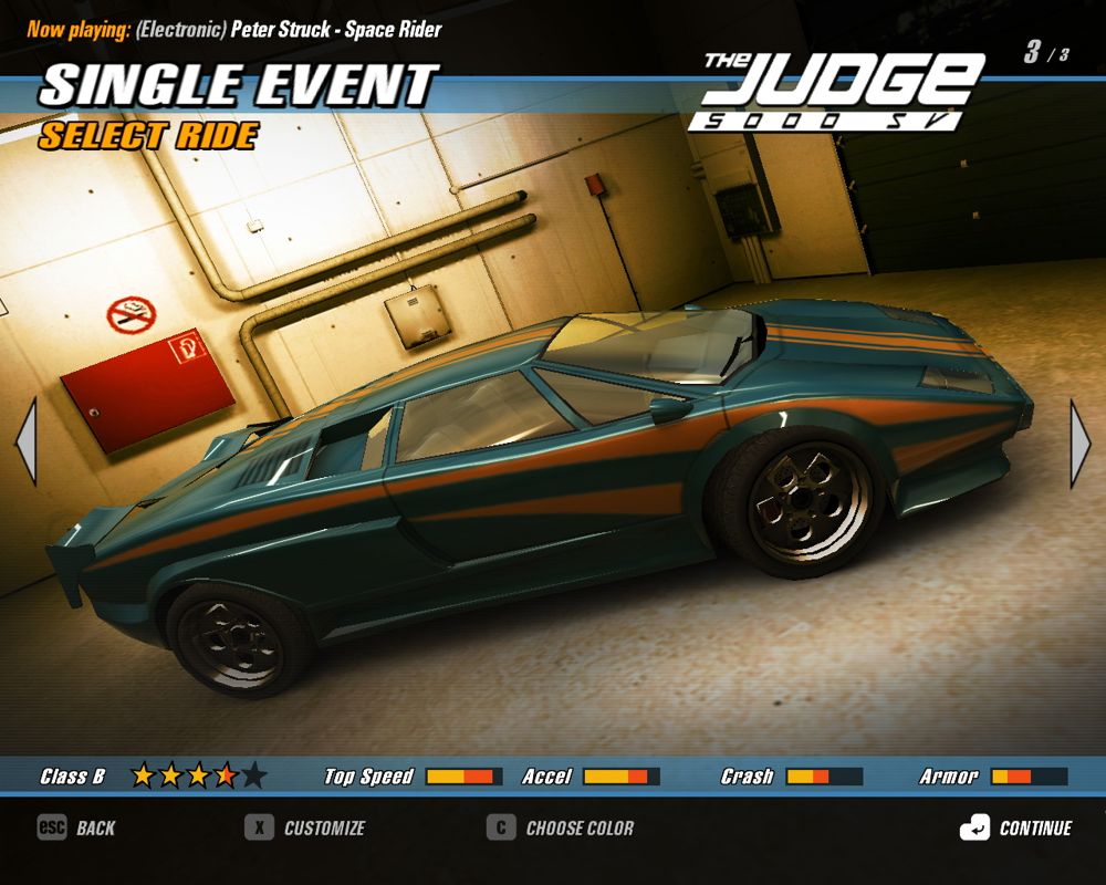 Crashday (Windows) screenshot: The vehicle selection screen, here the Lamborghini Countach has been renamed to the Judge due to licensing reasons :)