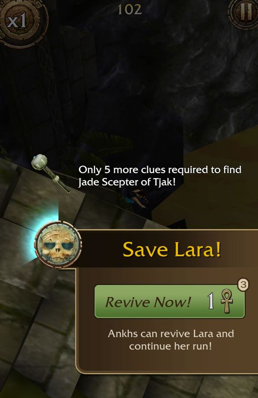 Lara Croft: Relic Run (Android) screenshot: Use resurrection ankhs to continue where Lara died.