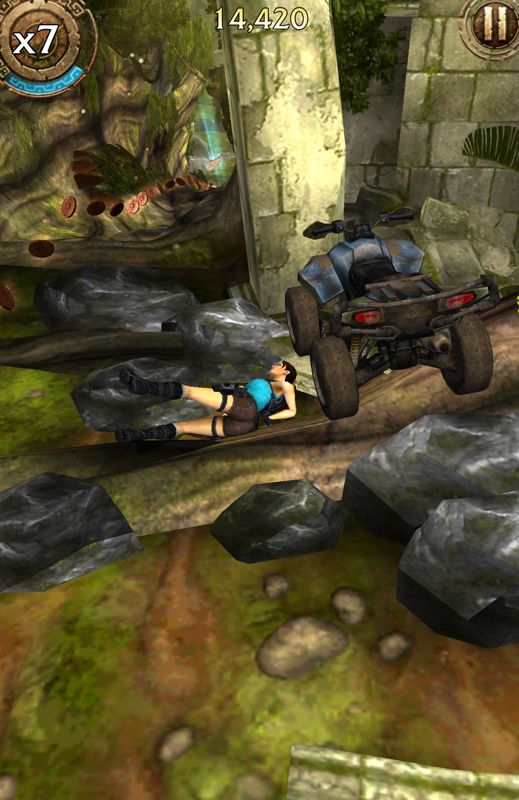 Lara Croft: Relic Run (Android) screenshot: Lara falls of the ATV.