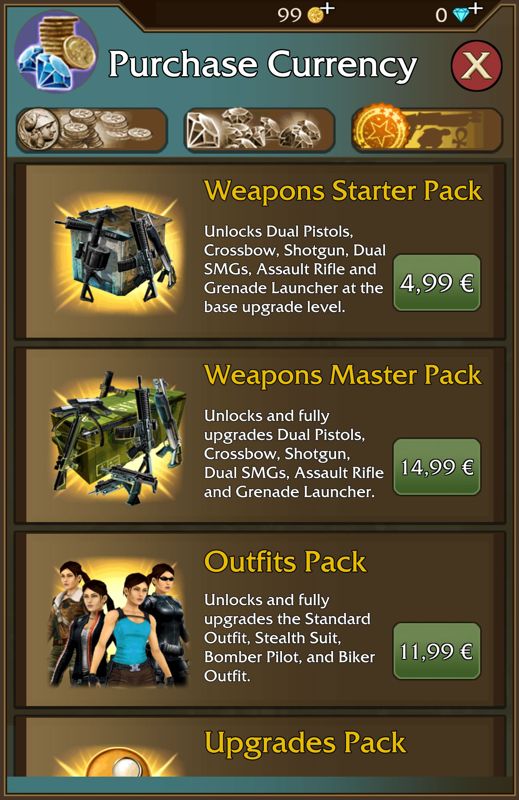 Lara Croft: Relic Run (Android) screenshot: In-app purchases for packs