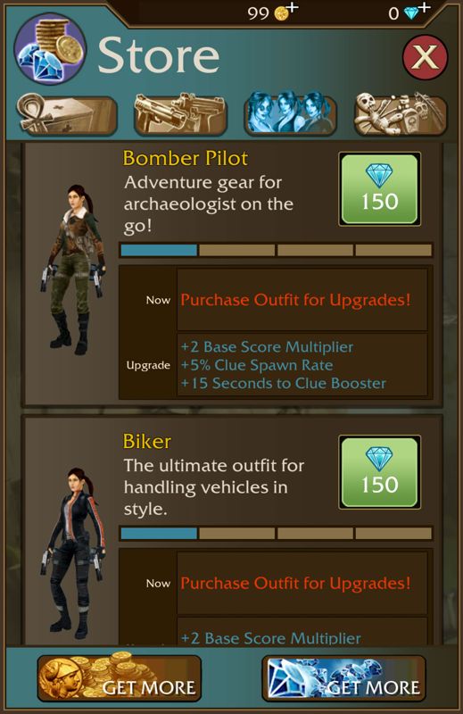 Lara Croft: Relic Run (Android) screenshot: There are a few different outfits