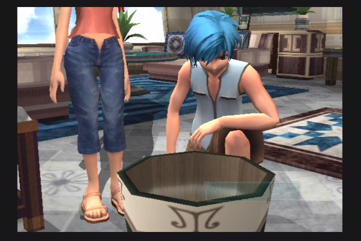 Star Ocean: Till the End of Time (PlayStation 2) screenshot: Fayt looking in the trash. Probably trying to find the rest of the script to the introduction scene