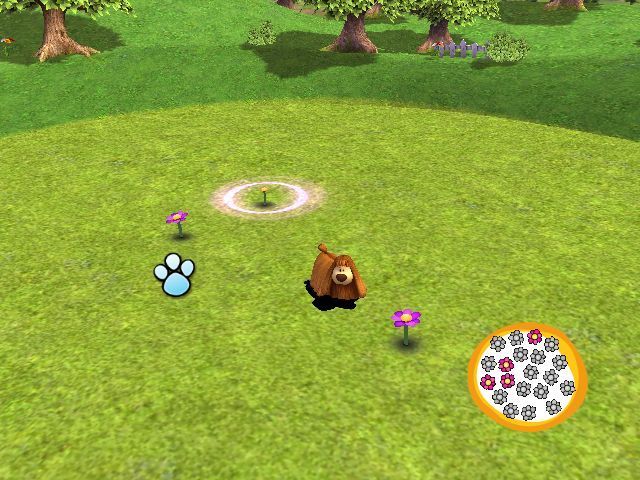 The Magic Roundabout (Windows) screenshot: Ermintrude's flowers: Dougal must pick the flowers before they disappear. The mini map shows the flowers that have been picked. This is a tricky game as flowers can appear out of view