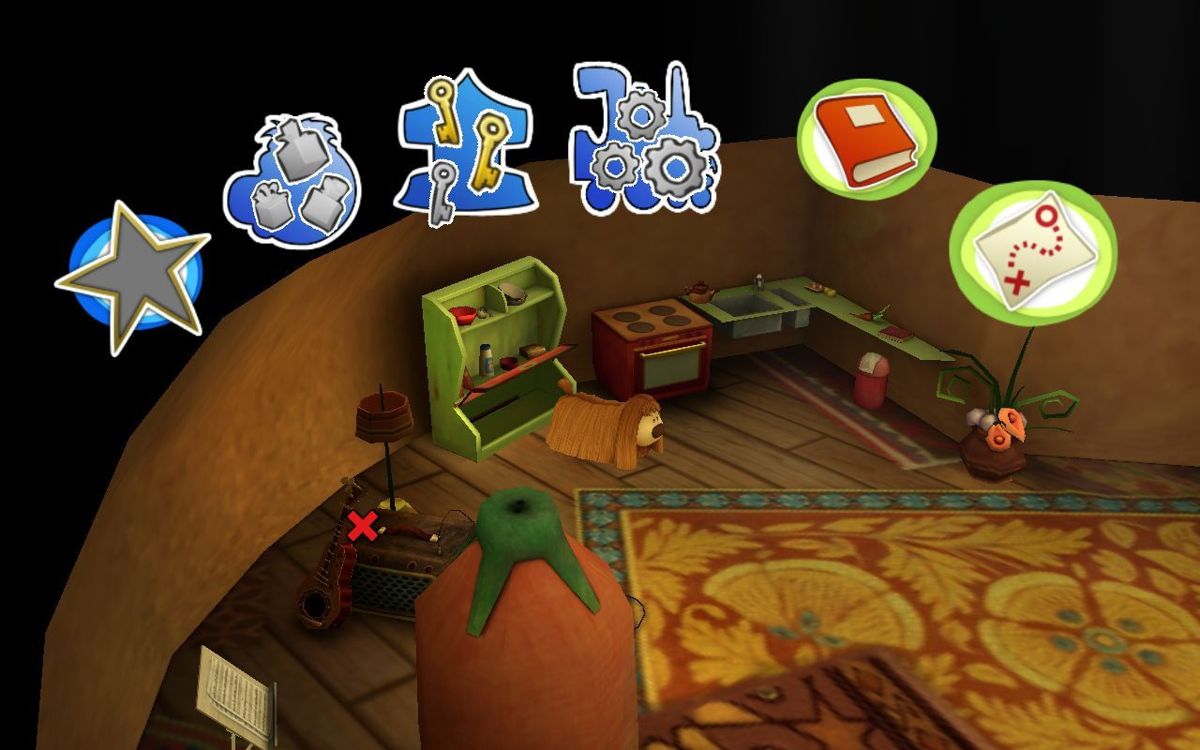 The Magic Roundabout (Windows) screenshot: Found a key inside Dylan's house. It is possible to enter a few houses and the viewpoint is similar in each, it's as though the player is peering over walls.