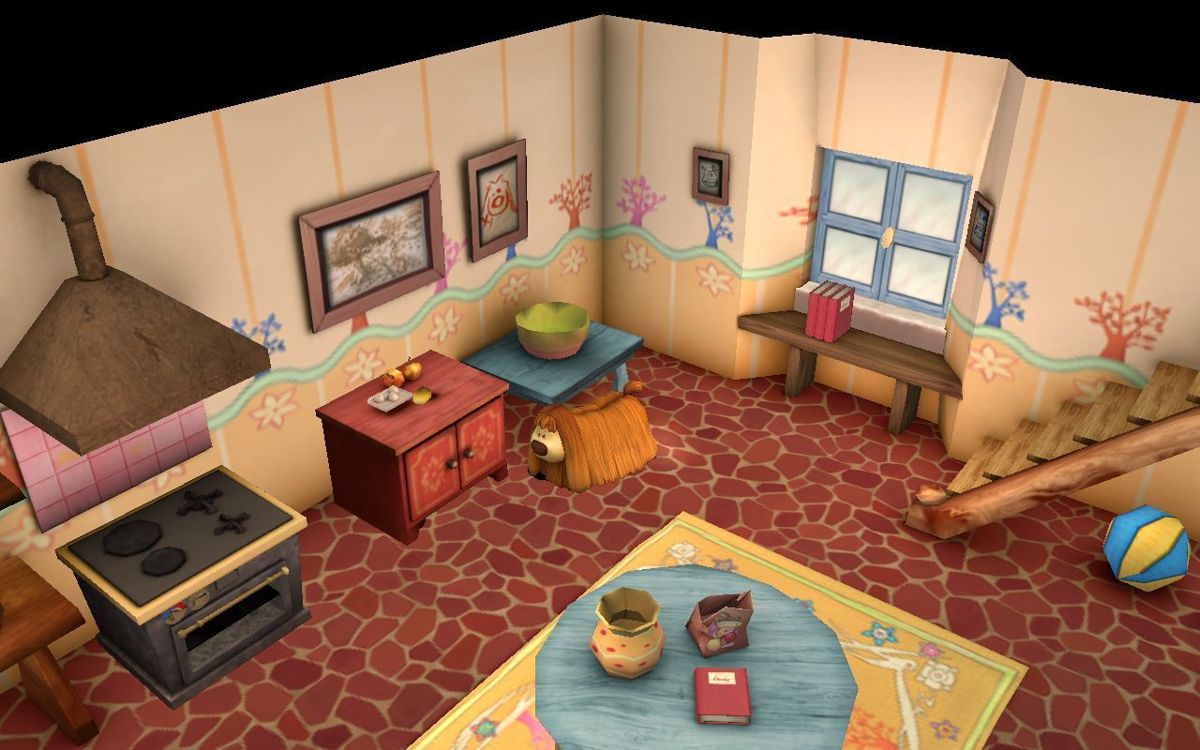 The Magic Roundabout (Windows) screenshot: Inside Florence's house. It's nice and neat now but this is before Dougal searches it for hidden stuff