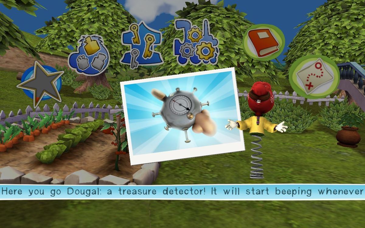 The Magic Roundabout (Windows) screenshot: Dougal has discovered a Treasure Detector<br>No more pointless digging in flower pots, this will bleep when there's something to be found